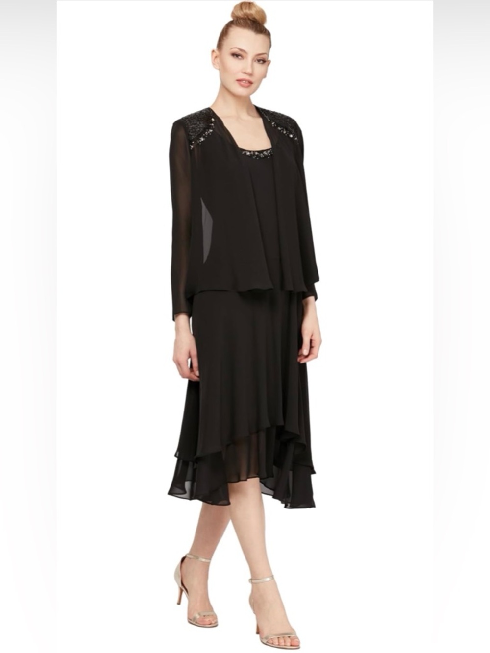 SLNY Fashions Mother of The Bride Dress Embellished Neckline & Shoulder Sz 8P #G